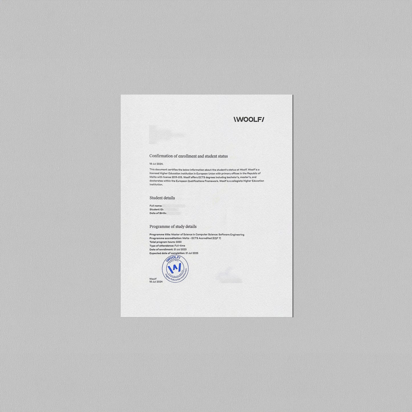 Printed Official Enrollment Letter – English