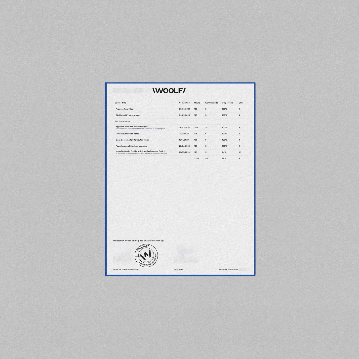 Printed Transcript with wet signature and stamp